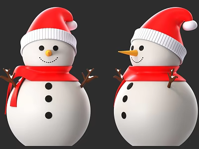 Festive Snowmen With Santa Hats Red Scarves And Twig Arms On Dark Background 3d model