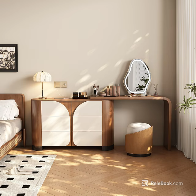 Modern Wooden Dressing Table with White Drawers Round Mirror and Stool in Cozy Bedroom 3d model 