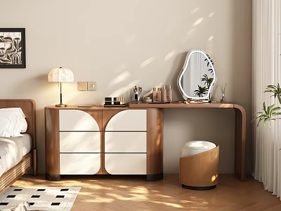 Modern Wooden Dressing Table with White Drawers Round Mirror and Stool in Cozy Bedroom 3d model