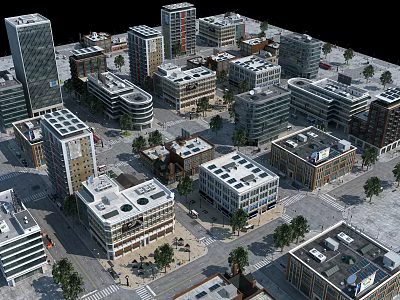 Urban City Building Complex Featuring Modern High Rise Architecture Green Trees And Street Layout 3d model