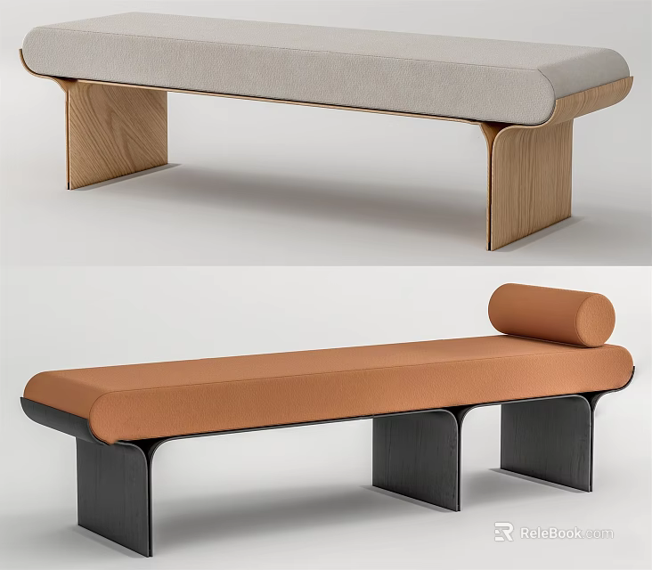 Modern Upholstered Footstool With Light Gray Orange Cushion And Wooden Black Legs 3d model 