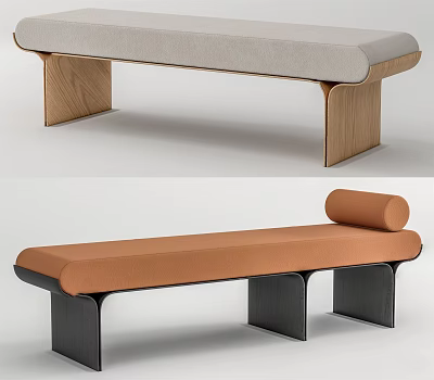Modern Upholstered Footstool With Light Gray Orange Cushion And Wooden Black Legs 3d model