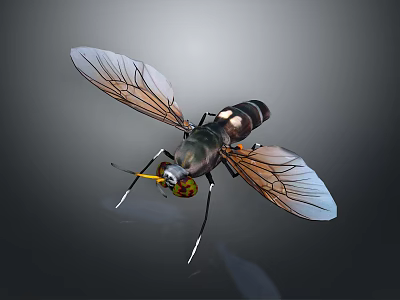 3D Game Movie Character Fly With Metallic Body Transparent Wings Yellow Eyes And Black Legs 3d model