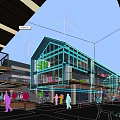 Modern Commercial Street With Glass Facades Pedestrian Walkways And Outdoor Seating Areas