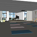 School Fitness Studio Featuring Bright Interior Colorful Yoga Mats Exercise Balls Dance Silhouettes And Trophies