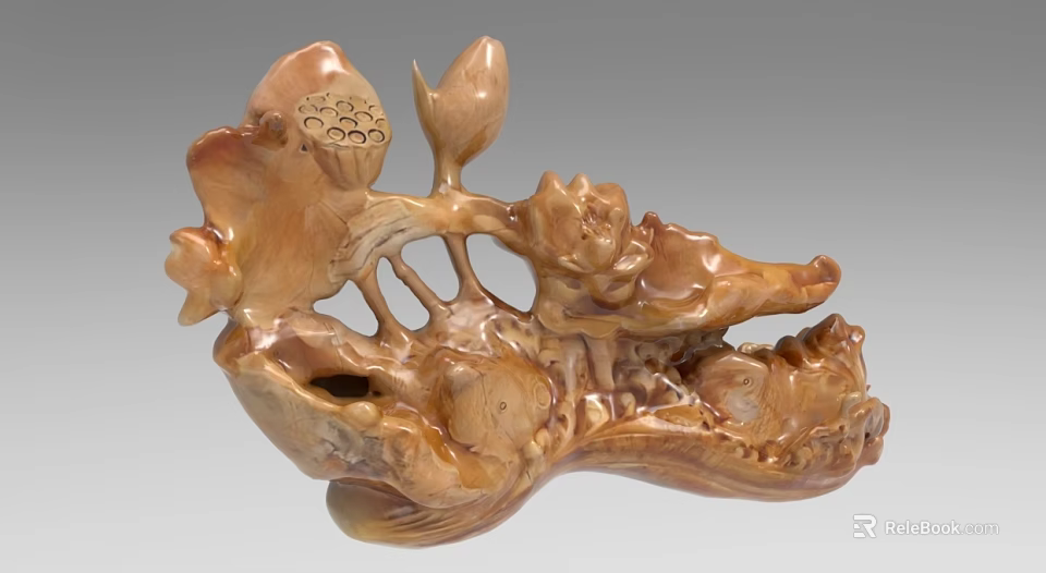 Exquisite Hand Carved Wooden Sculpture with Lotus Leaf Flower and Natural Organic Design 3d model 