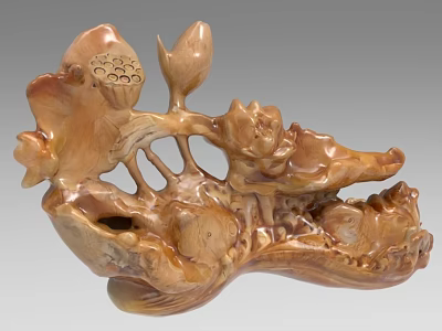 Exquisite Hand Carved Wooden Sculpture with Lotus Leaf Flower and Natural Organic Design 3d model