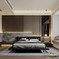 Modern Bedroom with Black Leather Bed Gray White Bedding Wooden Paneled Wall and Window Seat