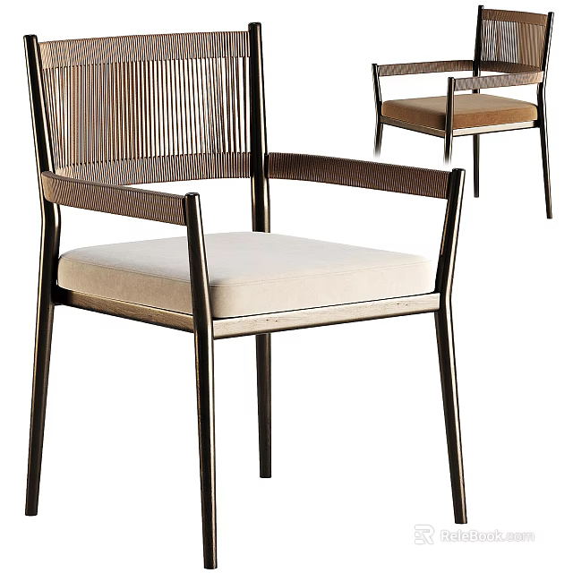 Modern Metal Frame Dining Chair With Armrests Light Seat Cushion And Striped Backrest 3d model 