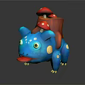 Cute Blue Creature With Red Mushrooms And Wooden Back Structure Tongue Out