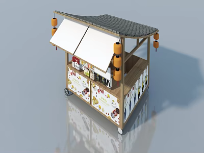 Traditional Wooden Food Stall With Swing Door Tiled Roof And Hanging Lanterns 3d model