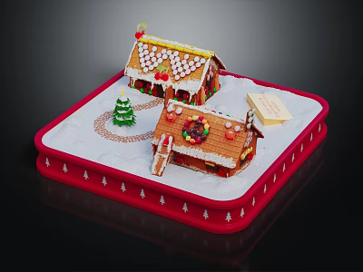 Festive Gingerbread House Architecture With Decorated Roofs Snowy Base Small Christmas Tree And Gift Box 3d model