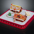 Festive Gingerbread House Architecture With Decorated Roofs Snowy Base Small Christmas Tree And Gift Box