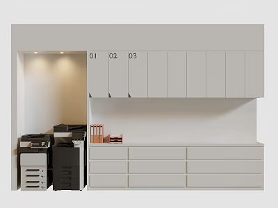 Modern White Bookcase With Cabinets Drawers Labeled Compartments And Office Printer 3d model