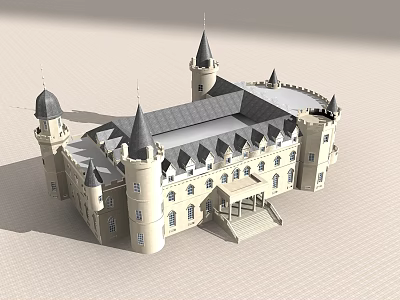 Castle Style Hotel Building With Spires Towers Gray Roof And Staircase Entrance 3d model