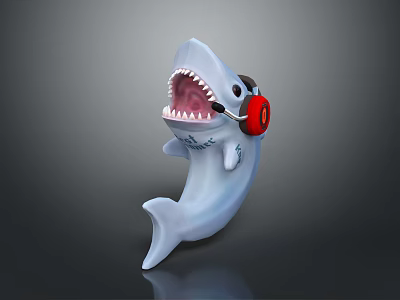 Cartoon Shark with Open Mouth Wearing Red Headphones Fun Aquatic Animal Toy Figure 3d model