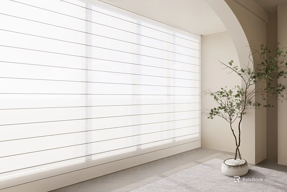 White Light Filtering Vertical Blinds On Large Window In Modern Interior With Potted Plant 3d model 