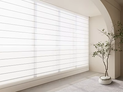 White Light Filtering Vertical Blinds On Large Window In Modern Interior With Potted Plant 3d model