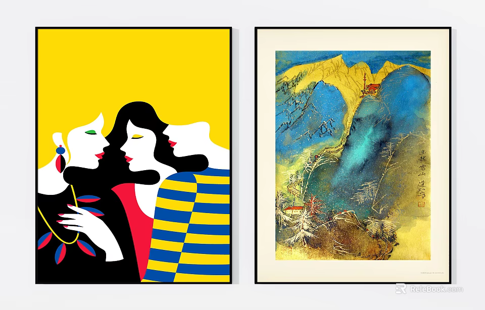 Two Modern Art Paintings With Female Figures And Abstract Colorful Designs 3d model 