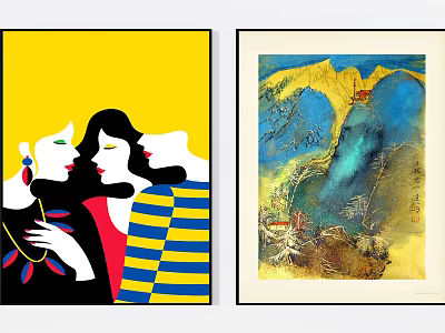 Two Modern Art Paintings With Female Figures And Abstract Colorful Designs 3d model