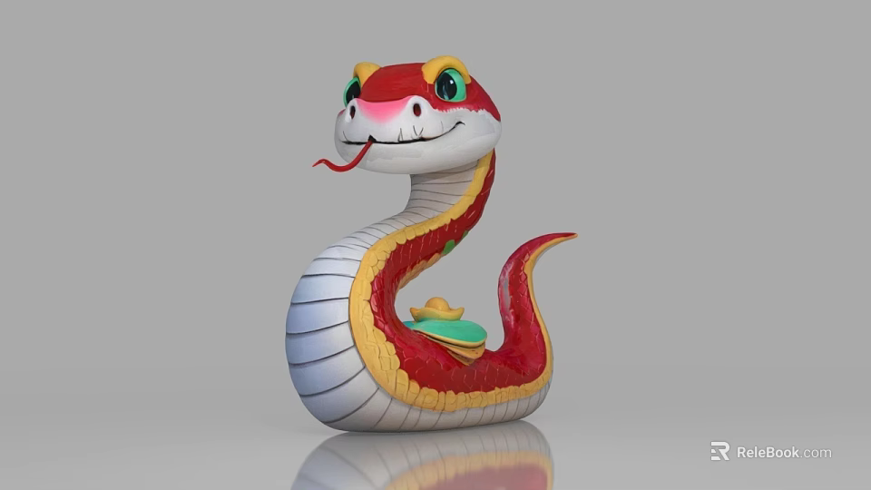 Cartoon Style Red Yellow White Snake Figurine With Green Eyes And Small Hat 3d model 