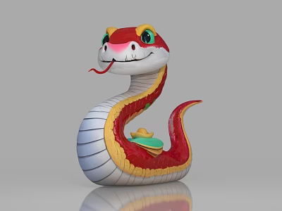 Cartoon Style Red Yellow White Snake Figurine With Green Eyes And Small Hat 3d model