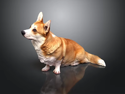 Brown and White Corgi Sitting on Dark Background With Reflection on Smooth Surface 3d model