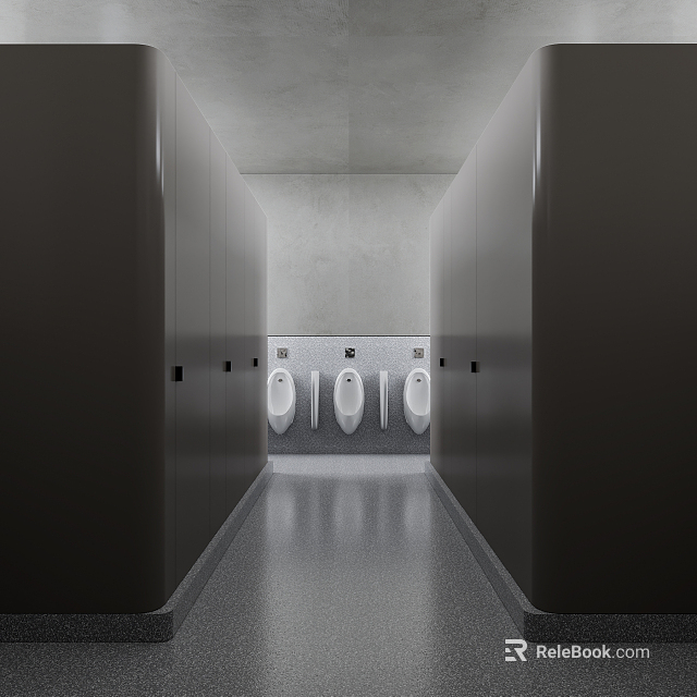Modern Hotel Bathroom Interior With Three Urinals And Gray Walls And Polished Floor 3d model 