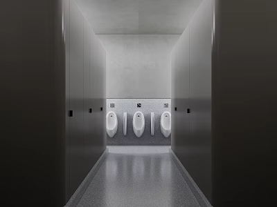 Modern Hotel Bathroom Interior With Three Urinals And Gray Walls And Polished Floor 3d model