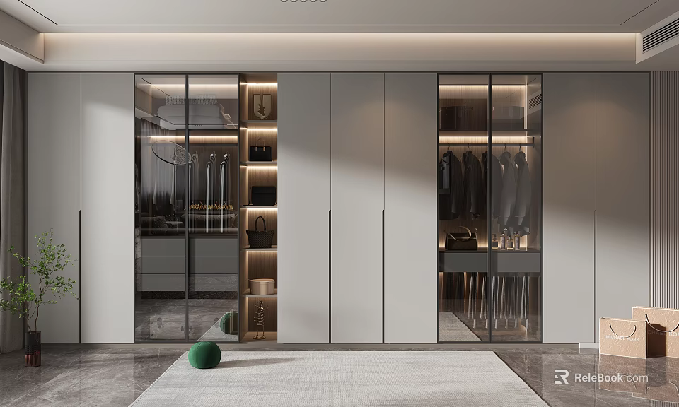 Modern Walk in Closet Interior With Glass Doors And Storage Cabinets 3d model 