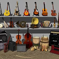 Assorted Musical Instruments Display On Shelves With Guitars Violins And Saxophones