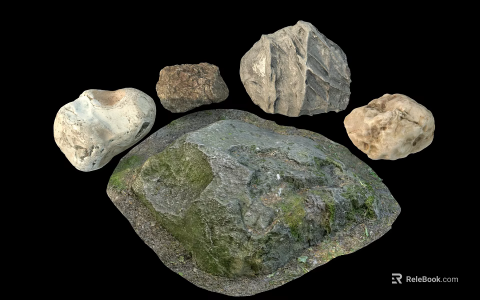 Natural Stone Wood Pieces Featuring Diverse Textures and Natural Shapes on Black Background 3d model 