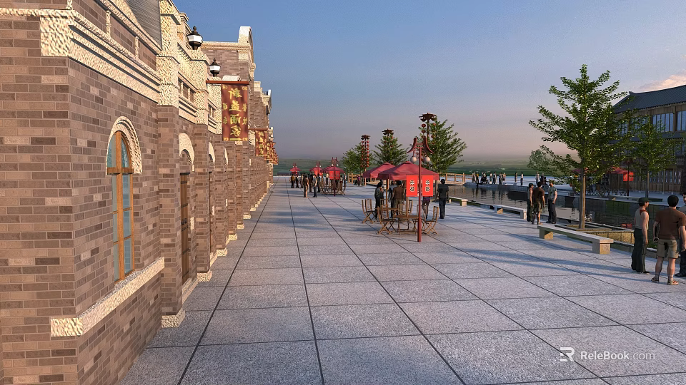Traditional Commercial Street With Brick Buildings Stone Paved Walkway Red Canopies Street Lamps And Pedestrians 3d model 