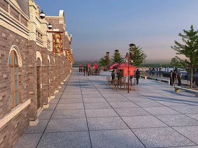 Traditional Commercial Street With Brick Buildings Stone Paved Walkway Red Canopies Street Lamps And Pedestrians 3d model