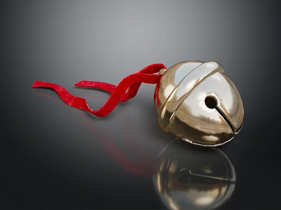 Golden Bell Ornament with Red Ribbon on Dark Background and Shiny Reflection 3d model