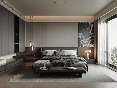 Modern Bedroom Interior With King Size Bed Decorative Art Rug And Floor To Ceiling Window 3d model