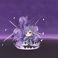 Chibi Game Character With Purple Hair Twin Tails Holding Weapon And Transparent Shadow Figures