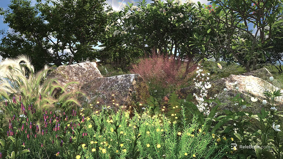 Lush Green Shrubs In Natural Garden With Stones And Colorful Flowers Around 3d model 