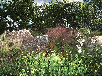 Lush Green Shrubs In Natural Garden With Stones And Colorful Flowers Around 3d model