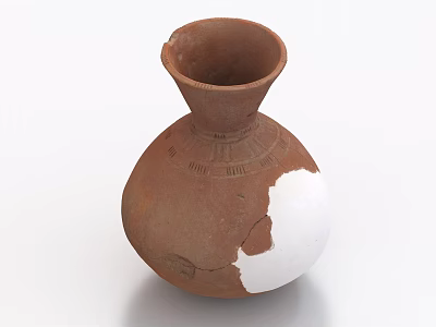 Ceramic Vessel With Round Body Narrow Neck Ancient Carvings And White Repairs 3d model