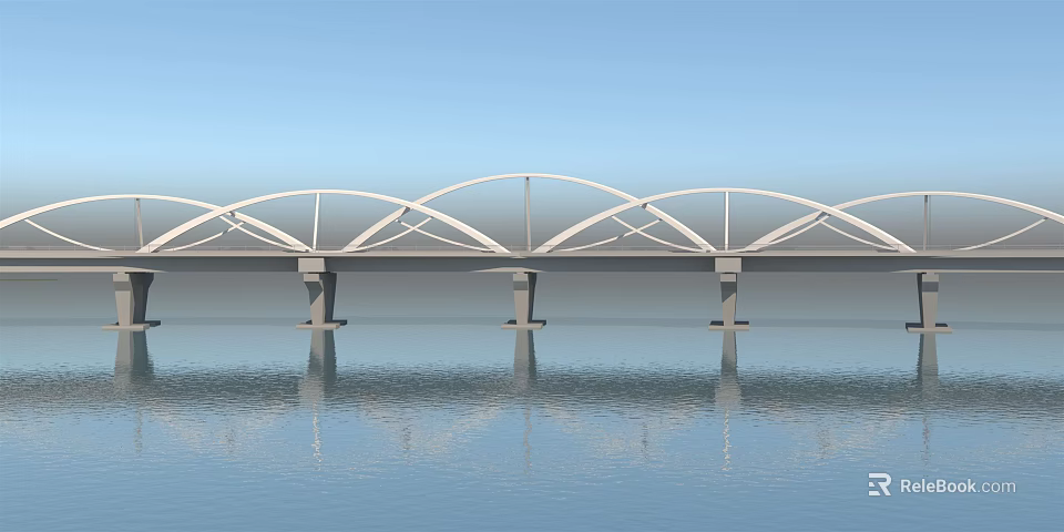 Modern White Arched Bridge Over Calm Water With Beautiful Reflection And Sleek Structure 3d model 