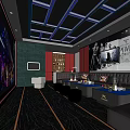 Modern KTV Interior with Blue Lighting Large Screens Bar Counter and Seating