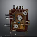 Steampunk Style Equipment With Brass Pipes Multiple Gauges Wooden Frame And Small Black Chimney