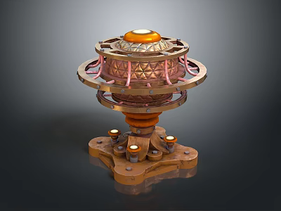 Intricate Copper Mechanical Device With Orange Top And Illuminated Base Structure 3d model