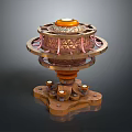 Intricate Copper Mechanical Device With Orange Top And Illuminated Base Structure
