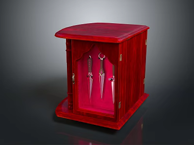 Elegant Sharp Knives Displayed in Red Wooden Case With Red Velvet Lining 3d model