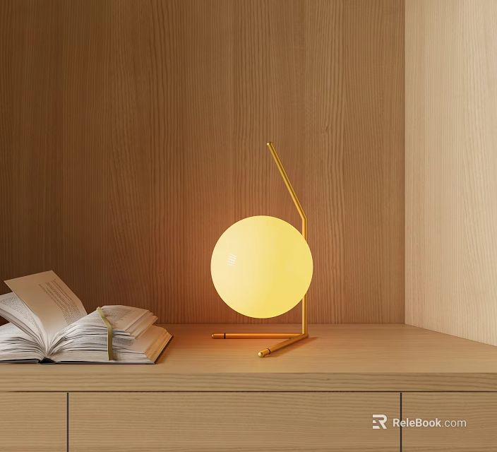 Modern Minimalist Desk Lamp With Gold Frame And Round Yellow Light Shade Near Open Books 3d model 