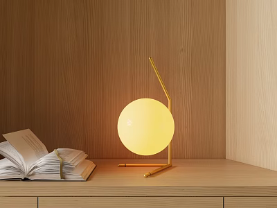 Modern Minimalist Desk Lamp With Gold Frame And Round Yellow Light Shade Near Open Books 3d model