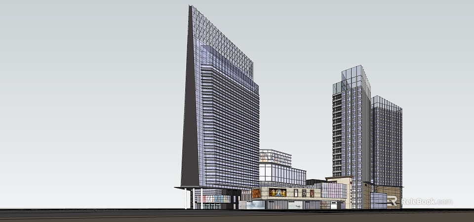 Modern Commercial Complex With Tall Glass Curtain Wall Buildings And Urban Mixed Use Design 3d model 