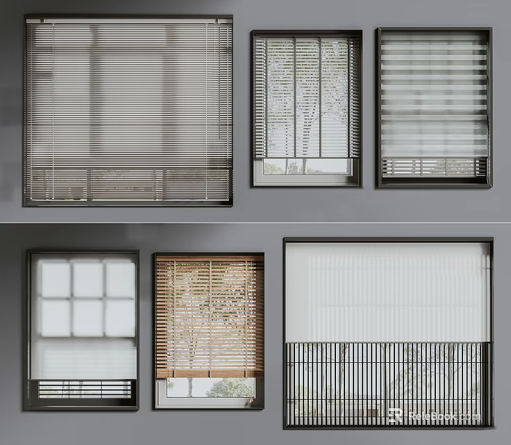 Window Blinds In Various Styles Materials And Designs For Modern Home Interior 3d model